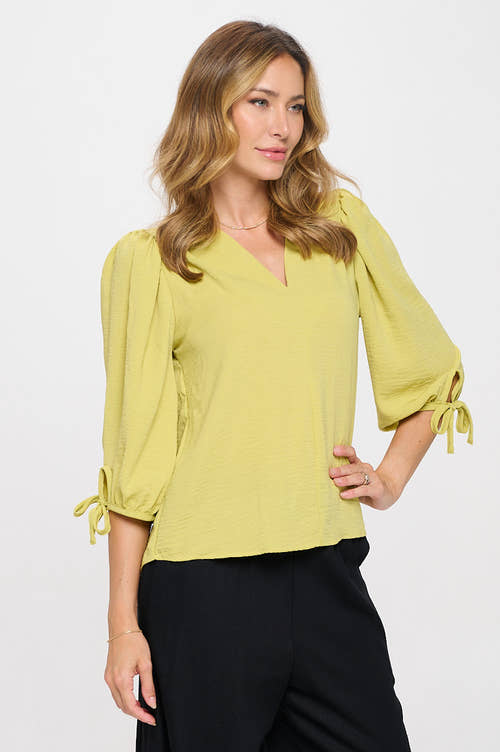 Solid V neck 3/4 Sleeve Top with Sleeve Tie-2
