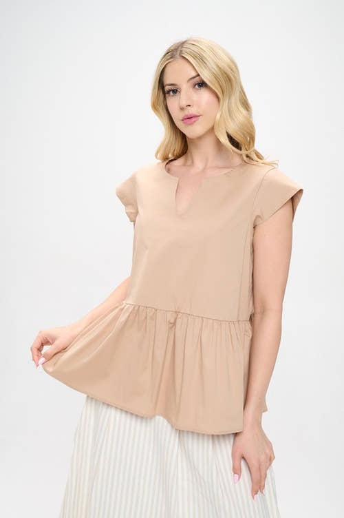 Cotton V neck Short Sleeve Top with Tiered Hem-1