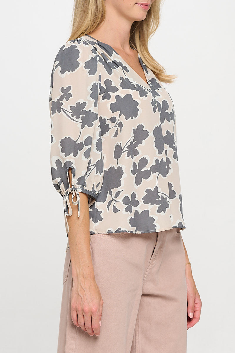 Floral Print V neck Top with Sleeve Tie-2