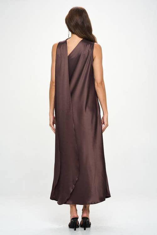 One Shoulder Satin Maxi Dress with Scarf Detail-5