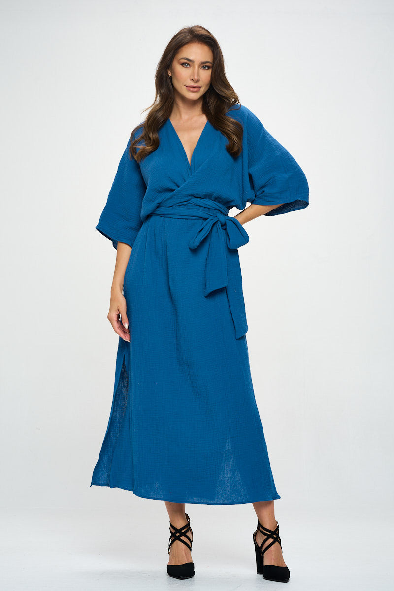 Solid Kimono Style Maxi Dress with Tie-1