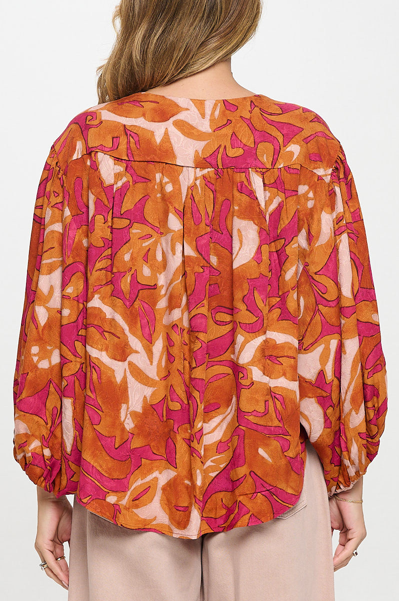 Floral Print V neck Top with Balloon Sleeve-3
