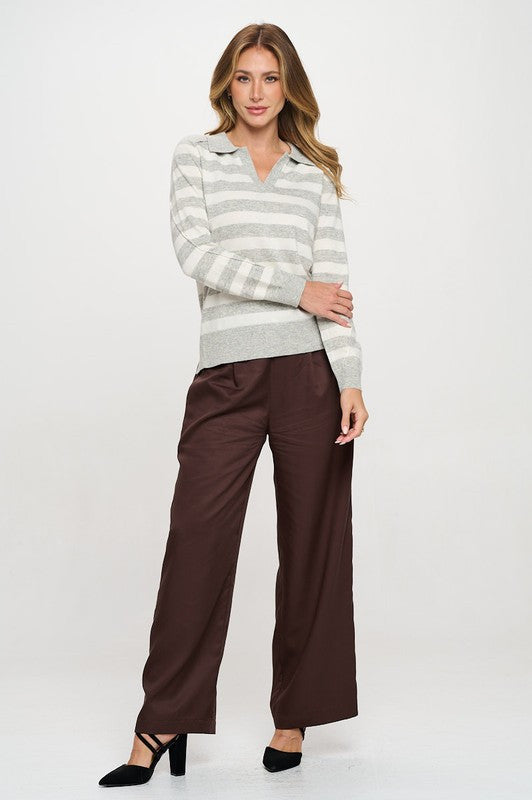 Striped Knit Polo Collar neck Long Sleeve Top-5