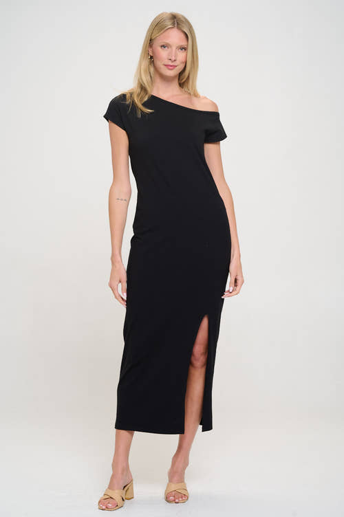 Solid Off the Shoulder Maxi Dress with Slit-2