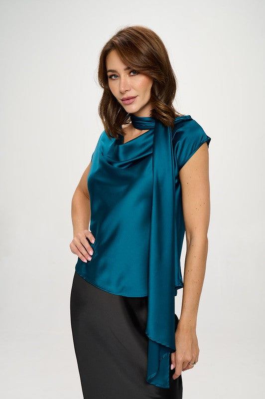 Satin Cowl Neck Short Sleeve Top with Scarf Detail-2