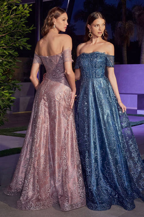 Off The Shoulder Sheer Sequin Bodice Appliqué A-Line Long Prom & Bridesmaid Dress CDJ835-1