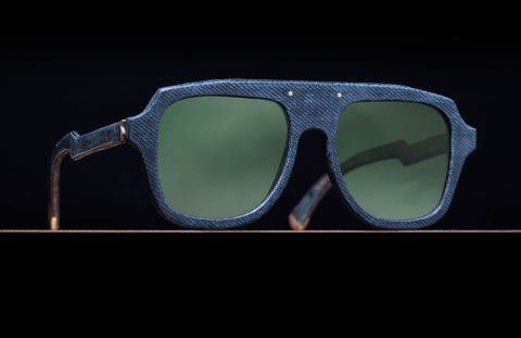 Mosevic's Andromeda frame sunglasses in Black Denim with polarised Aurora lenses