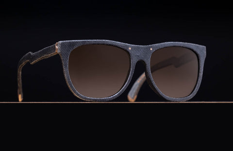 A pair of Mosevic hardened denim sunglasses: Titan in blue denim with Sundown Zeiss polarised lenses