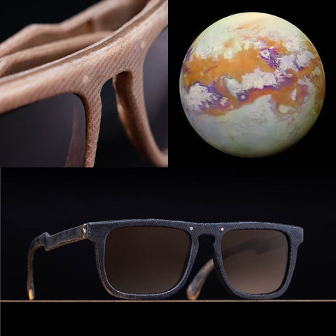 Titan Frames in Blue Denim and Sundown Lenses and a detail image of Titan in Undyed Denim with Sundown Lenses