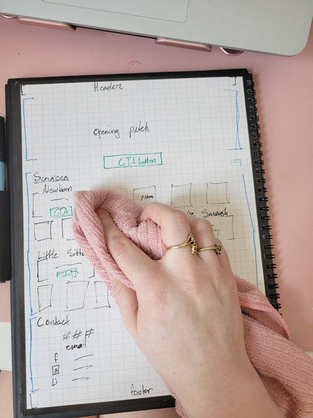 A woman's hand wiping a Wipebook Pro+  with a pink microfibre cloth