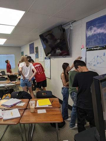 Groups of students all working together to solve a math problem before a class gallery walk