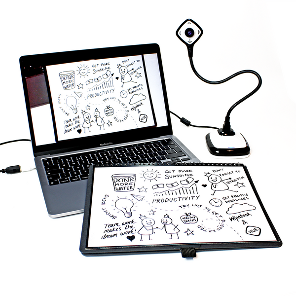 A black HUE camera attached to a Mac book and showing a photo of doodles from a Wipebook Scan