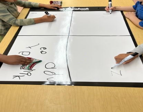 Students are showing collaborating in a group of four on a Flipchart. They are working on their letters 