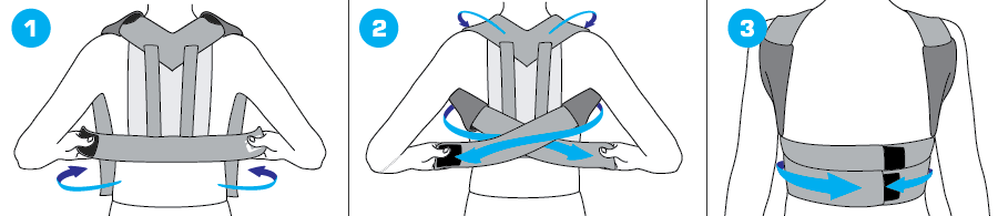 Insert the arms through the support and position the support loosely on the upper back. Adjust until the support is in the correct position. Tighten the straps until the support is tight but comfortable.