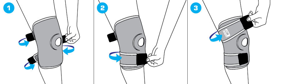 Position Kneecap in centre of support over patella opening. Wrap middle strap behind knee and secure fastening. Fasten bottom and top straps, adjust until firm but comfortable.