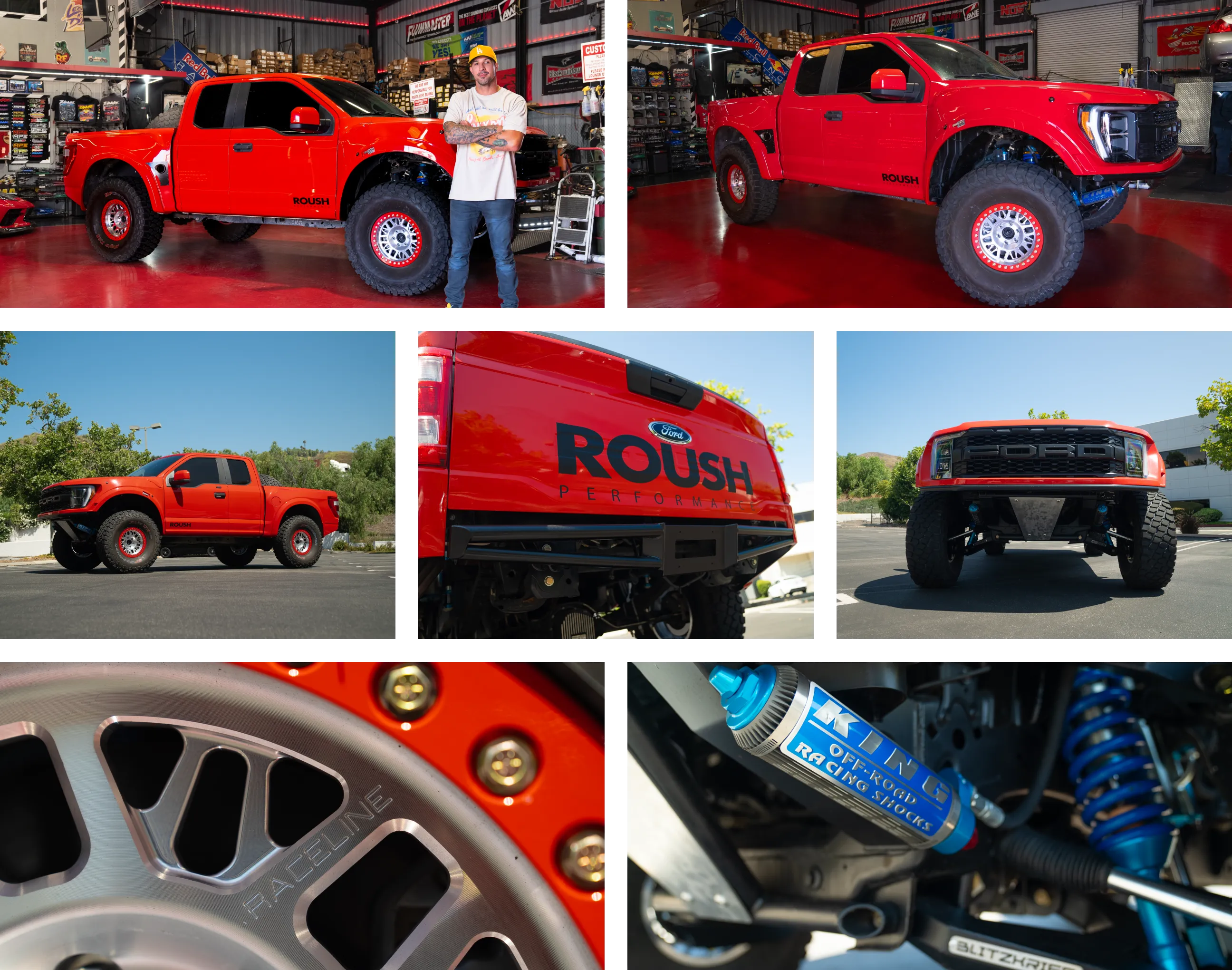 Collage of a red Roush Ford truck showcasing different angles and detailed parts in an automotive shop and outdoors.