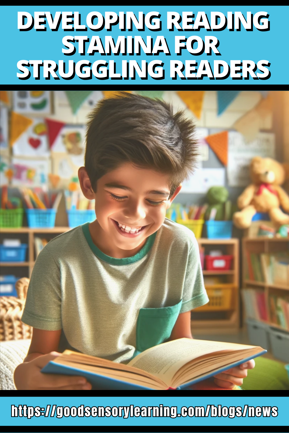 Student happy to be reading and smiling