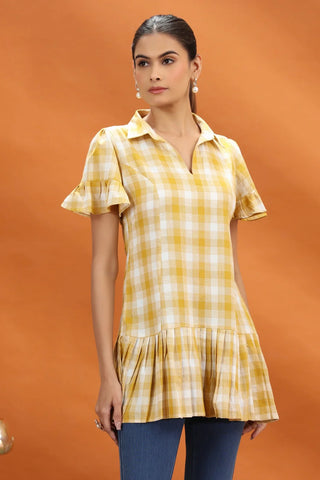 Off White & Yellow Handloom Cotton A Line Short Kurta