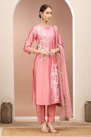 Peach PolySilk Embroidered A Line Kurta Pants and Dupatta Set for women