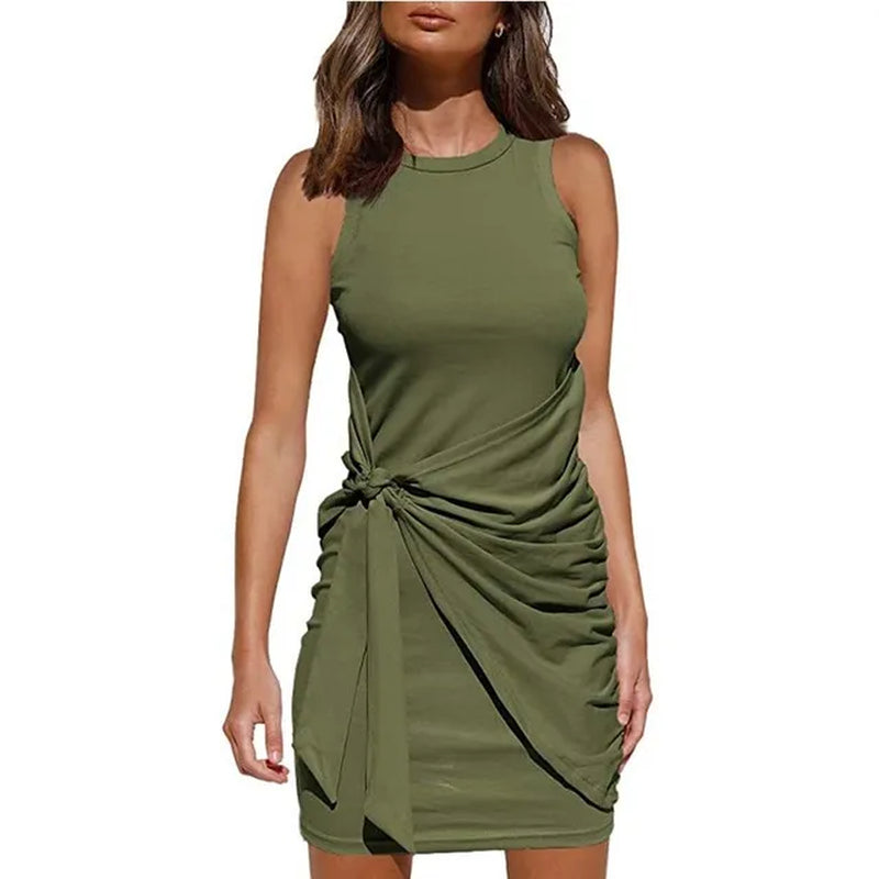 Irregular Belt Sleeveless O-Neck Office Dress
