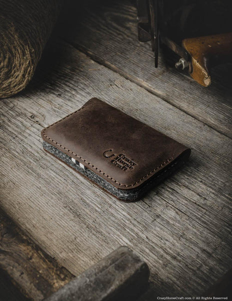 Leather Business Credit Card Holder Wallet Wood Brown Crazy Horse Craft