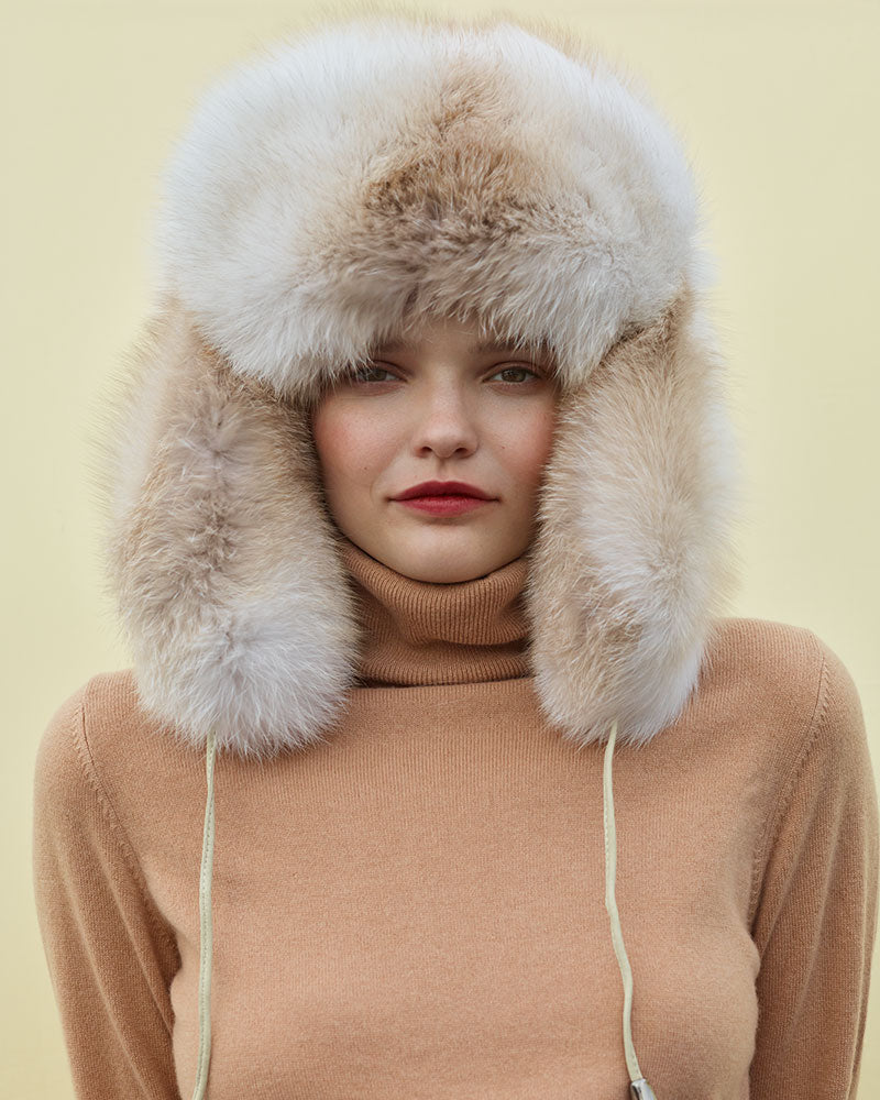 Ladies Brown Suede Trapper Hat with Grey Rabbit Fur