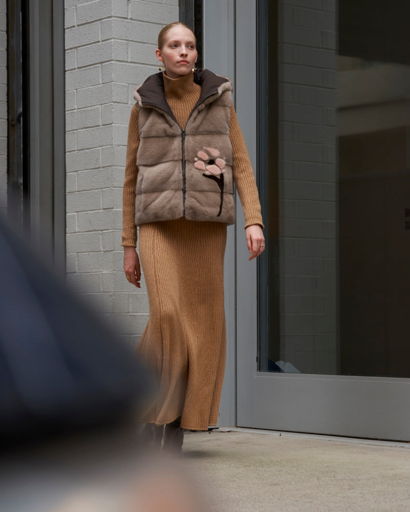 Pologeorgis Knitted Flower Printed Shearling Jacket with Curly Lamb Trim Designed by Zandra Rhodes