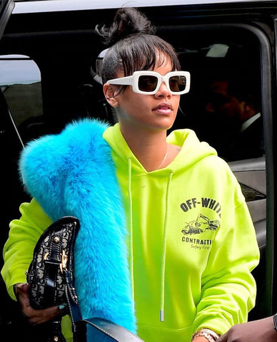 Rihanna in Pologeorgis blue fox stole 
