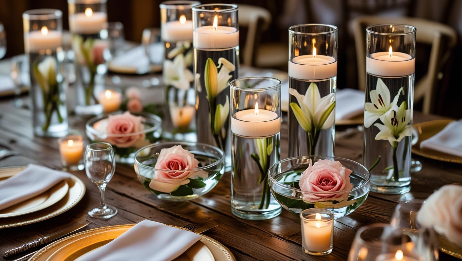 A rustic wooden table adorned with glass cylinders filled with tealight candles for wedding decoration