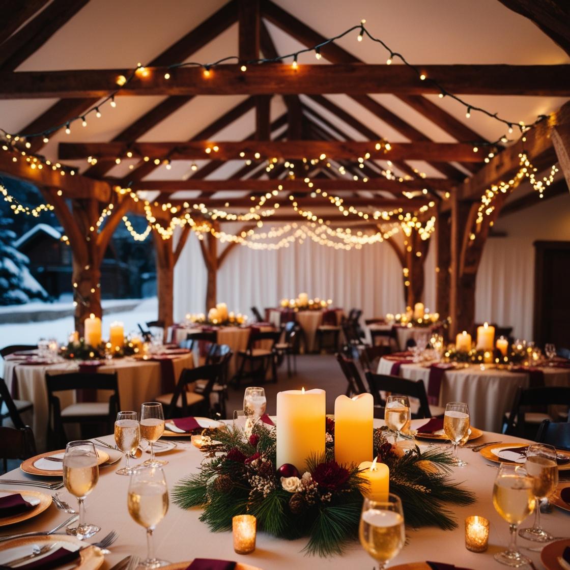 winter wedding decorations with twinkling lights and warm candlelit settings for an enchanting atmosphere