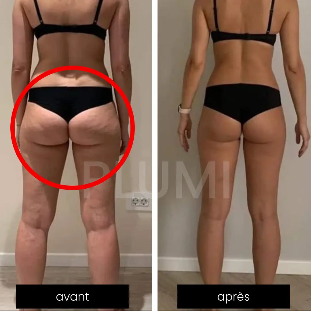 Woman before and after transformation over two months, wearing similar outfits, looking fitter and healthier.