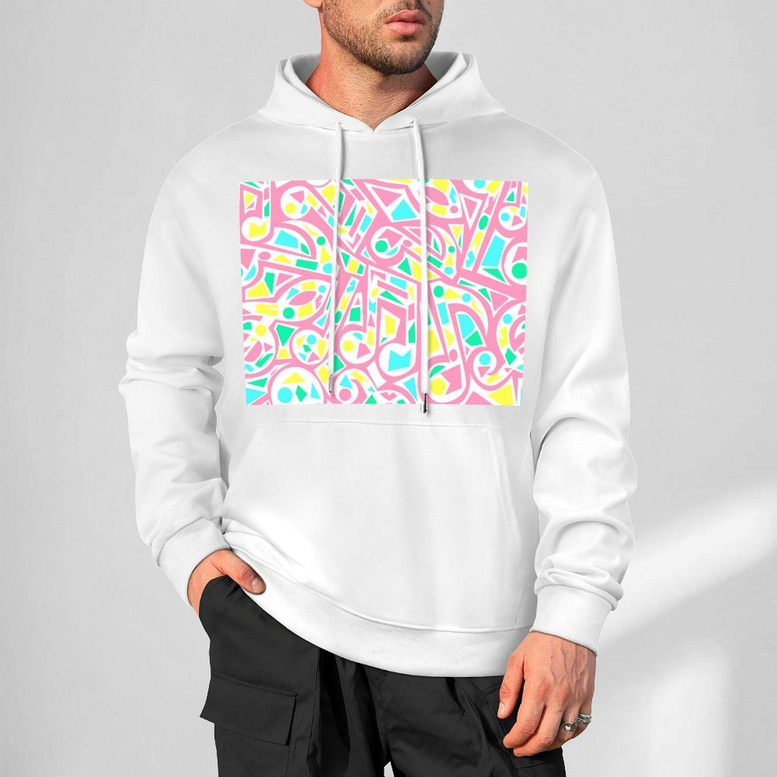 Men Pure Cotton Hooded Sweater Black Notes, Abstract Style 134180