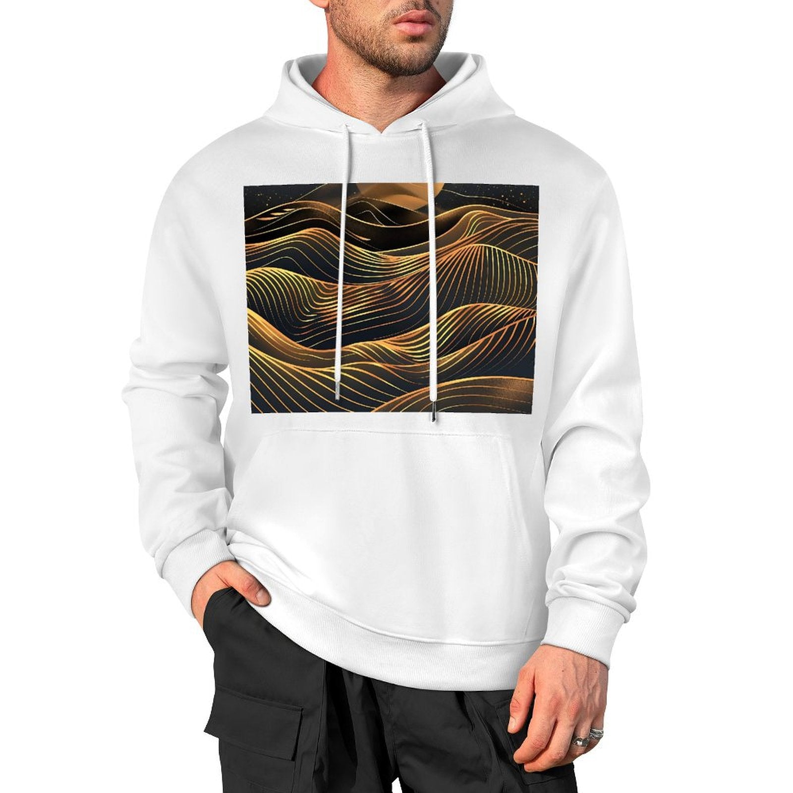 Men Pure Cotton Hooded Sweater Black Desert, Sunset Style 133728