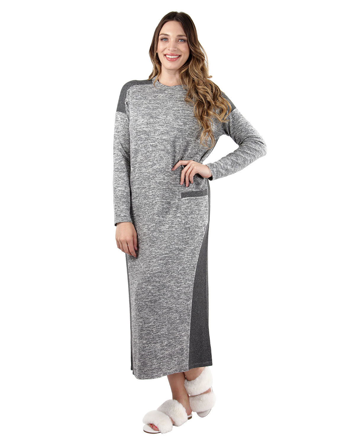 Women's Colorblock Pocket Heathered Sweater Knit Lounger Gown