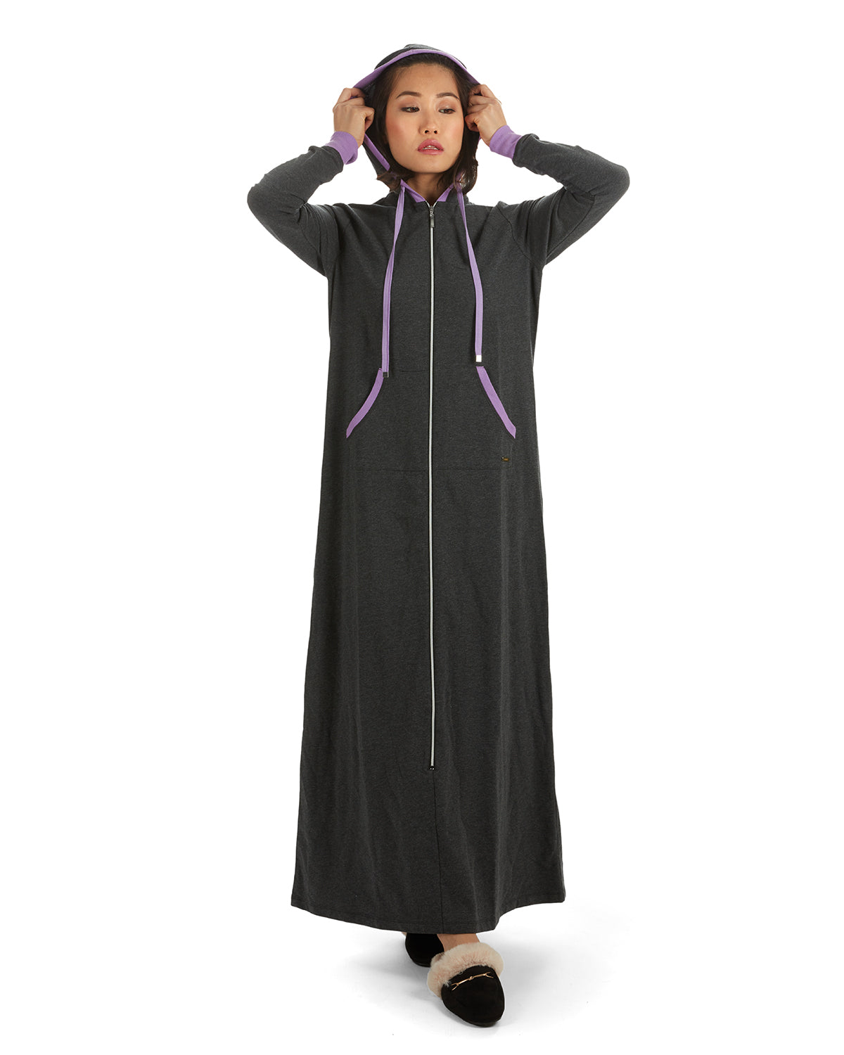 Women's Colorblock Cotton Blend Zippered Full Length Lounger Gown