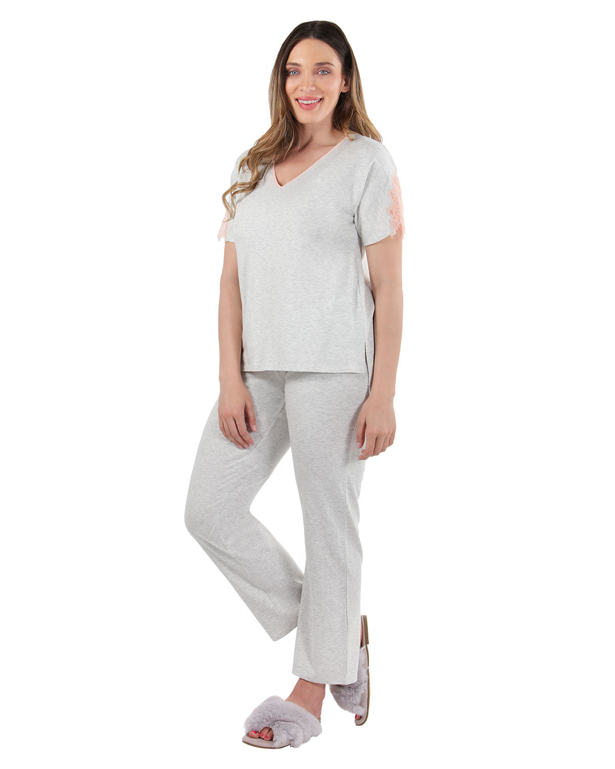 Women's Cotton Blend Lace Trim Short Sleeve Top and Pants Sleep Set