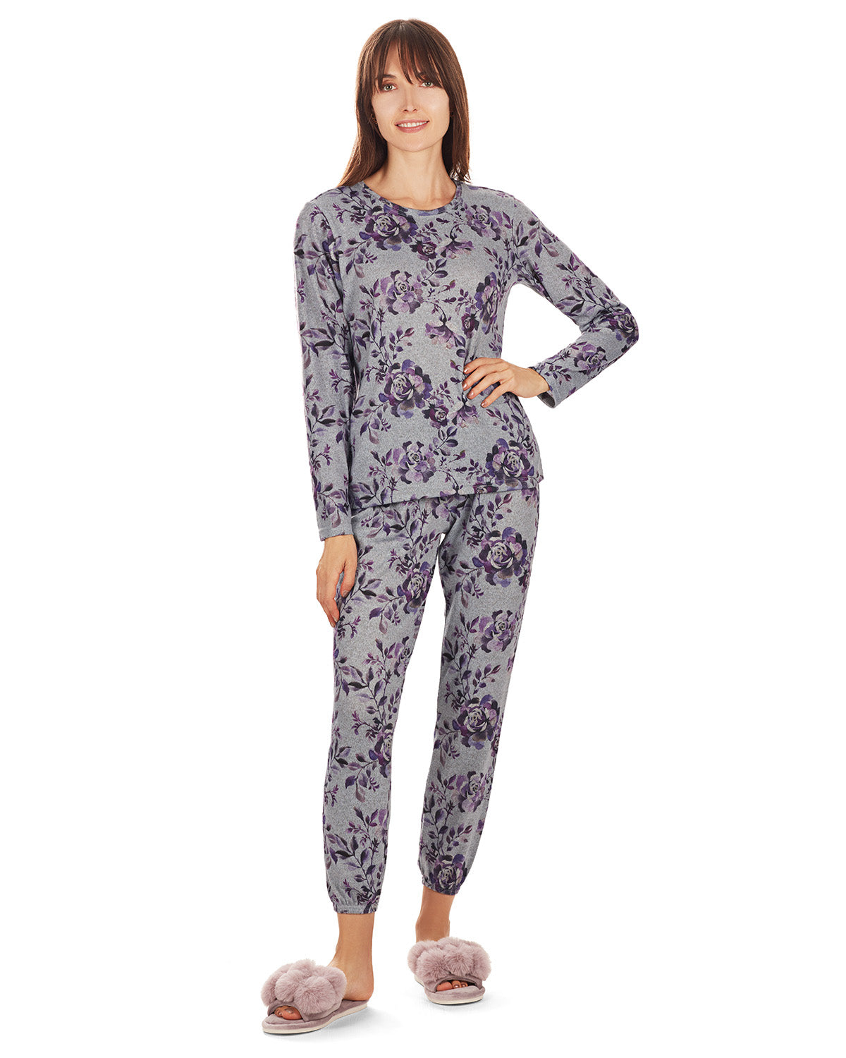 Women's 2 Piece Purple Blossom Long Sleeve and Tapered Pant Pajama Set