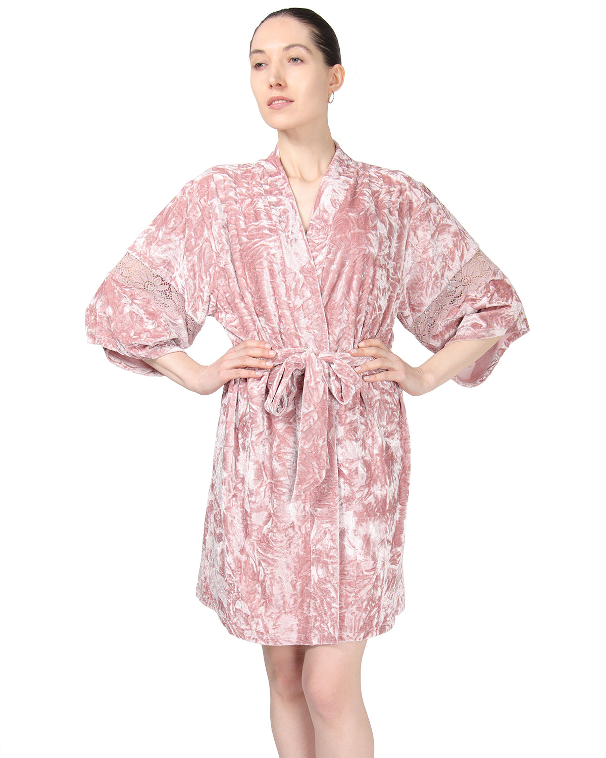 Women's Crushed Velvet Floral Lace Trim Kimono Robe