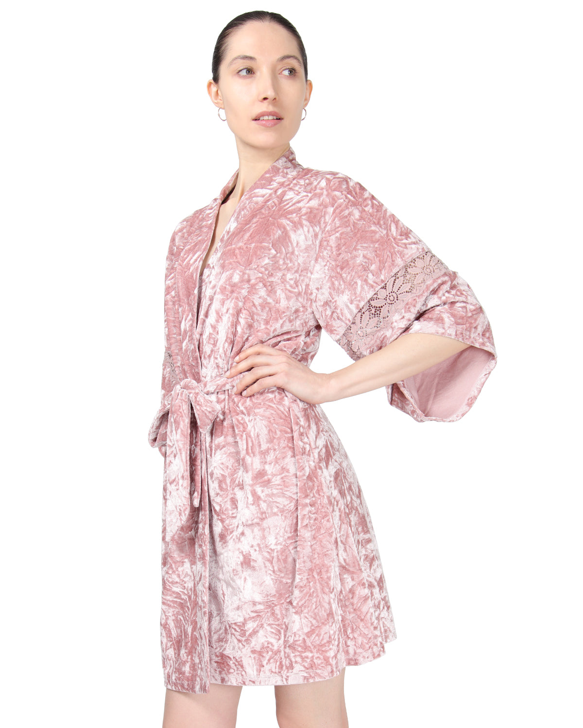 Women's Crushed Velvet Floral Lace Trim Kimono Robe