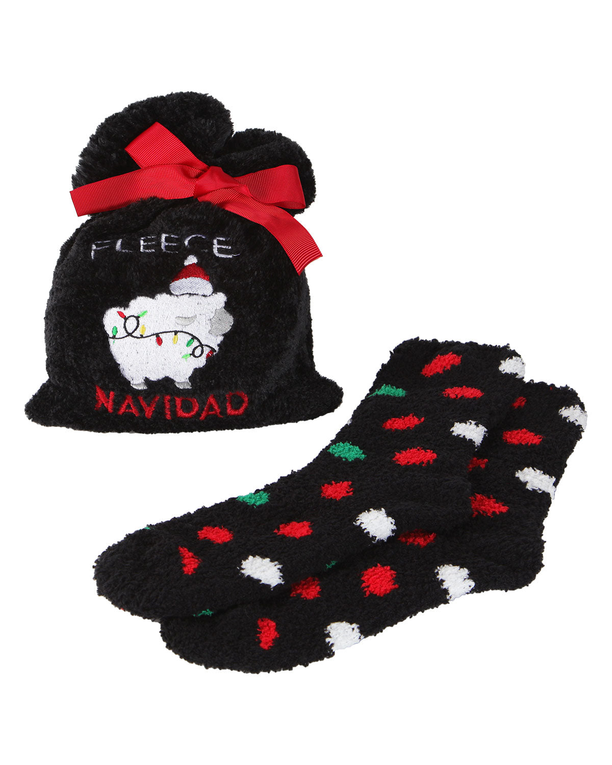 Fleece Navidad Cozy Polka-Dot Socks & Gift Bag Set