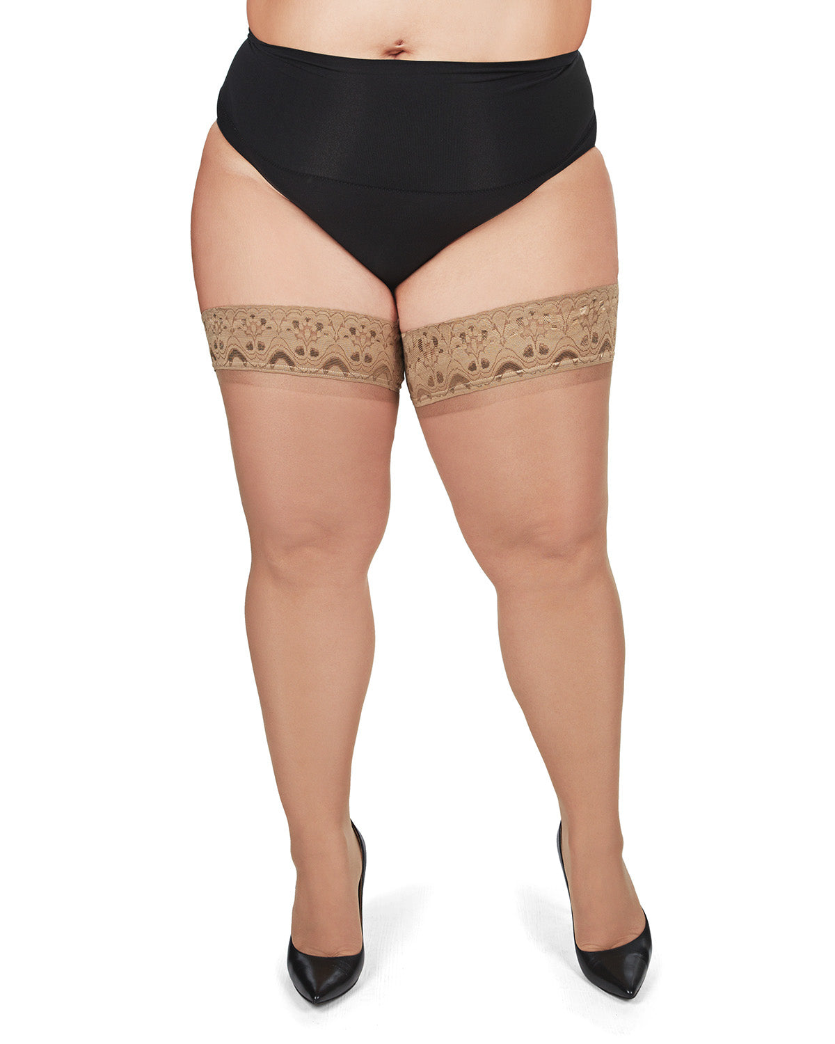 Plus Size Curvy Silky Sheer Lace Top Thigh High Stocking