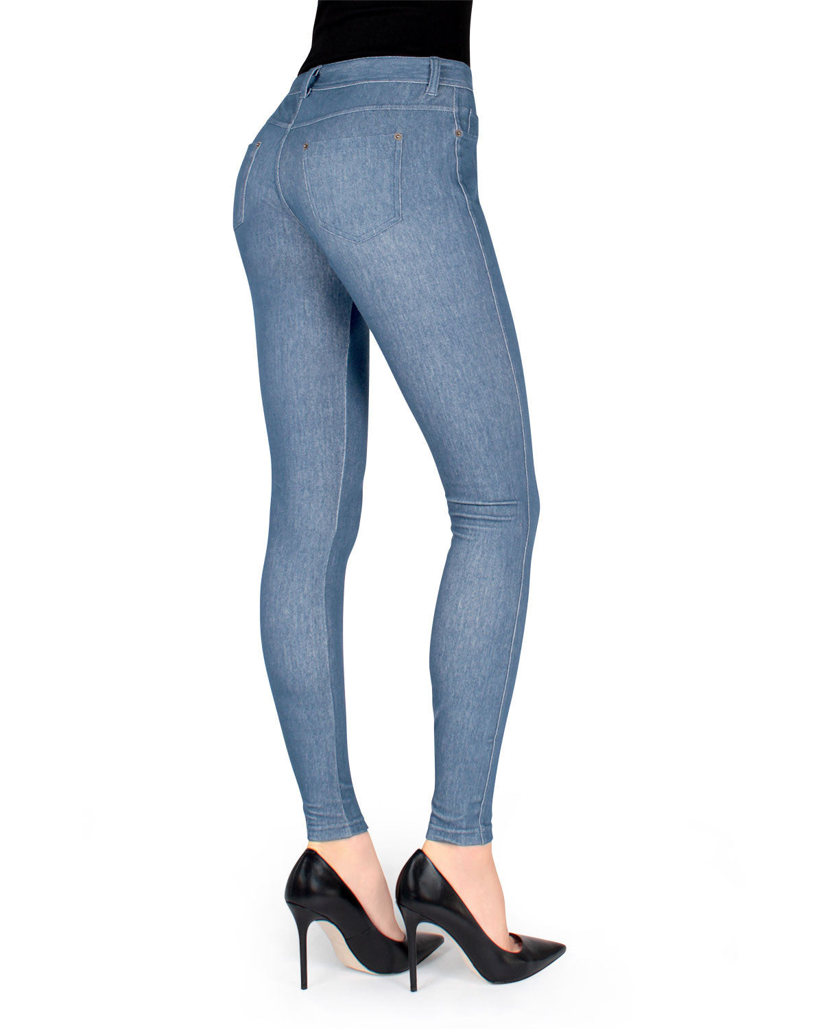 Womens Ladies Elasticated Back Pockets Full Length Denim Look Jeggings  Leggings 