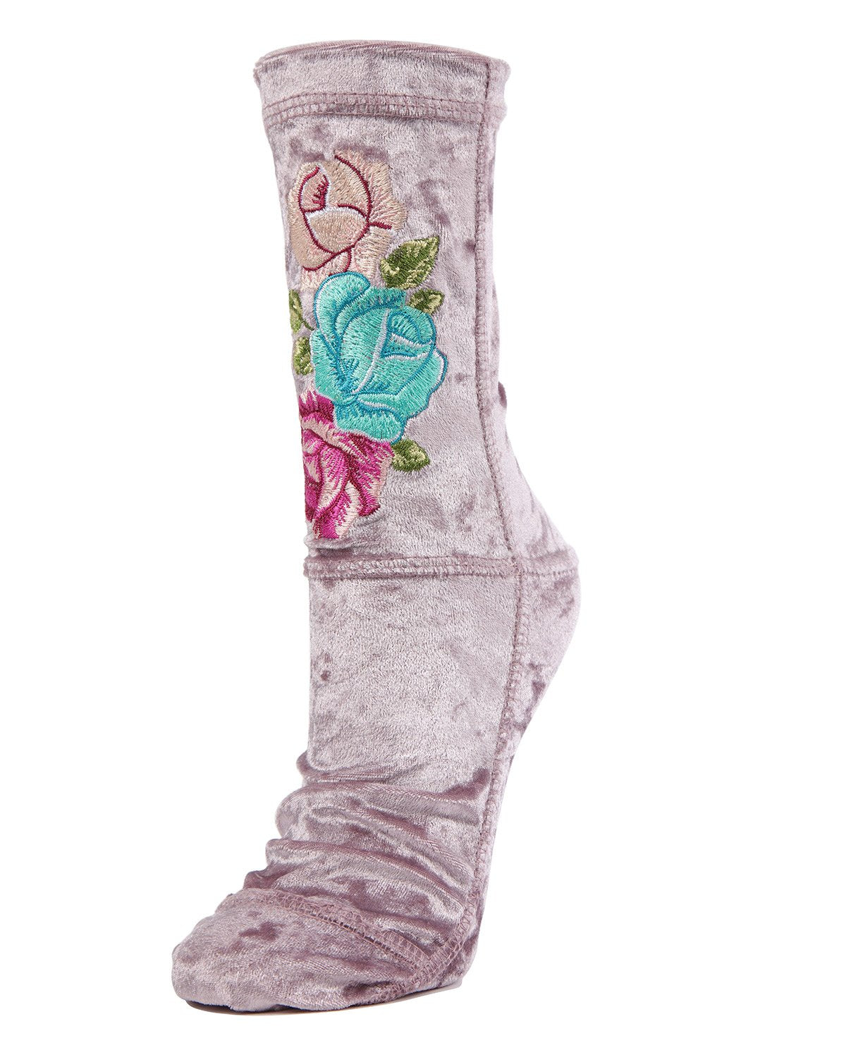 Floral Embroidered Crushed Velvet Crew Socks