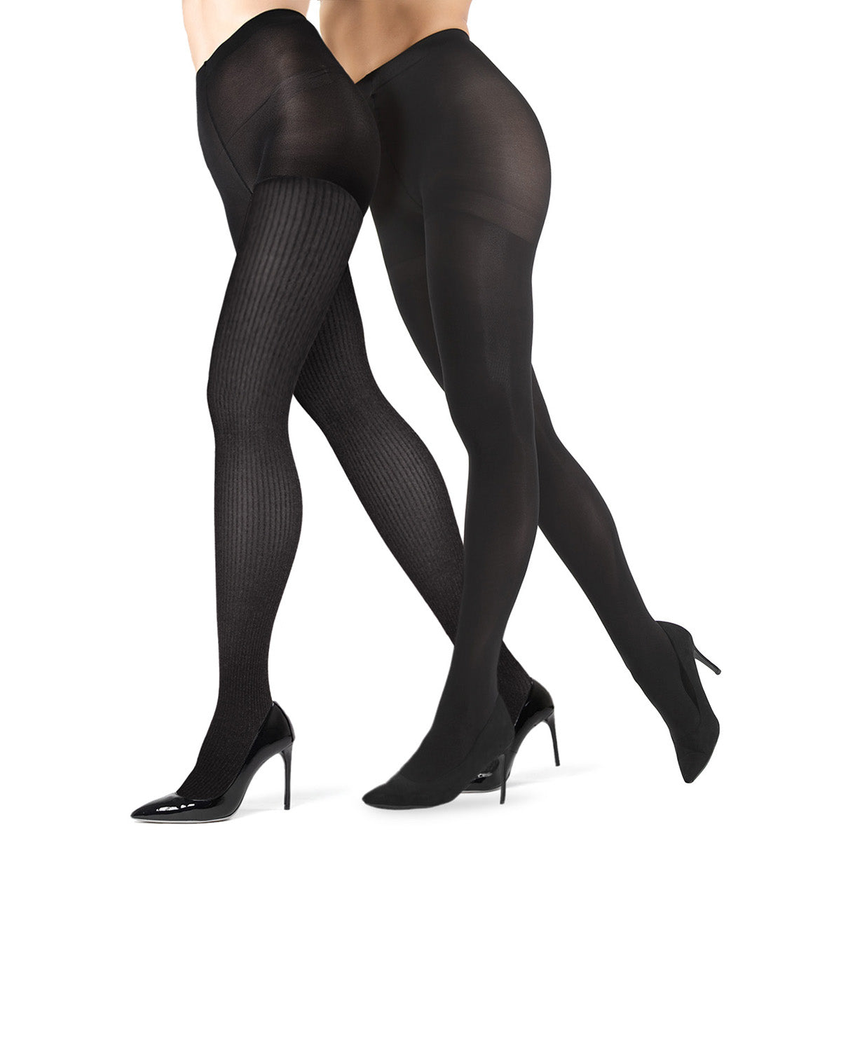 Fine Rib/Solid Conrtol Top Tights 2 Pack