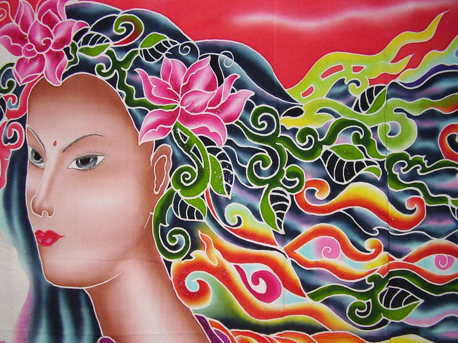 Authentic Batik  Textile Art  Lotus Goddess 40 x 38 Multi 