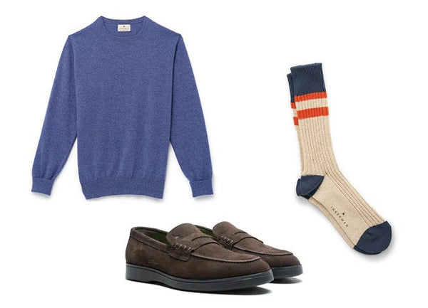 Blue sweater patter socks penny loafers