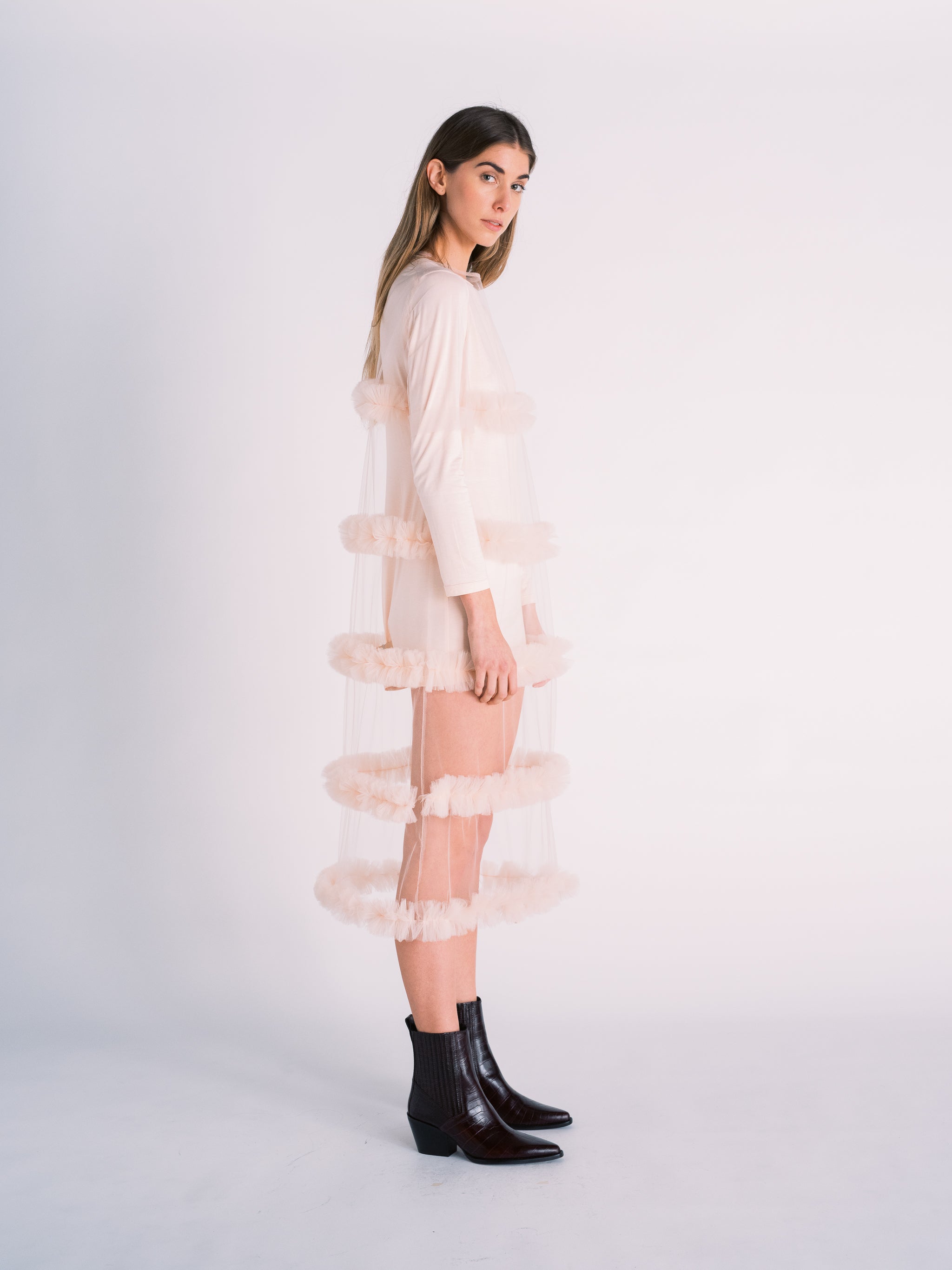 Tulle Slip Dress with Gathered Tiers in Pale Pink – TANROH