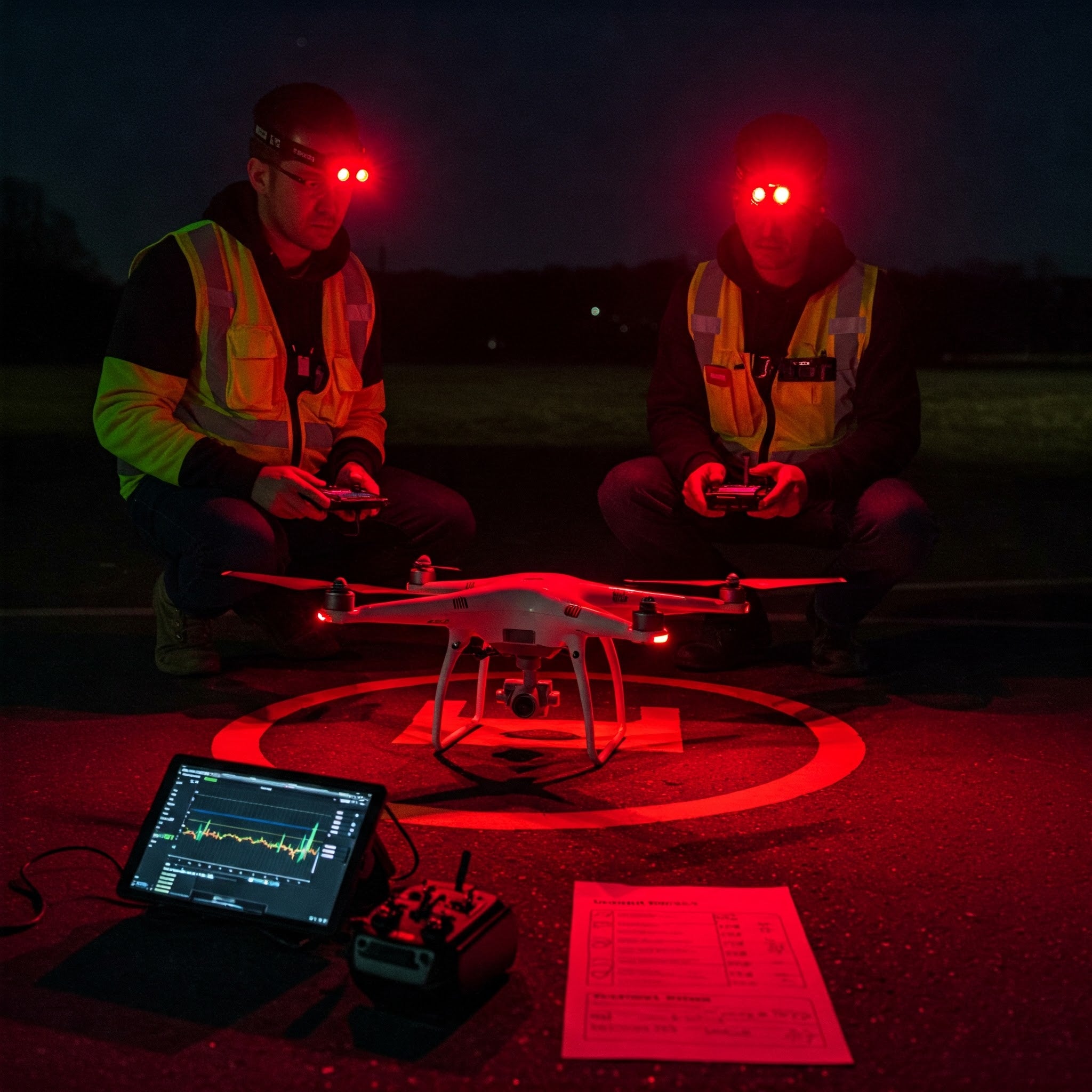Drone pilot and visual observer using red lighting and flight monitors to maintain visual line of sight during night drone operation.