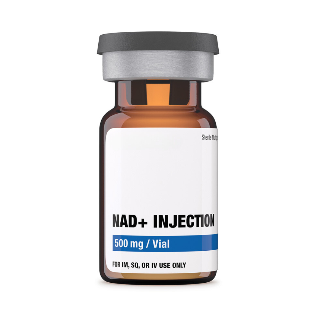 Amber glass vial labeled 'NAD+ Injection, 500 mg/Vial, for IM, SQ, or IV use only.'