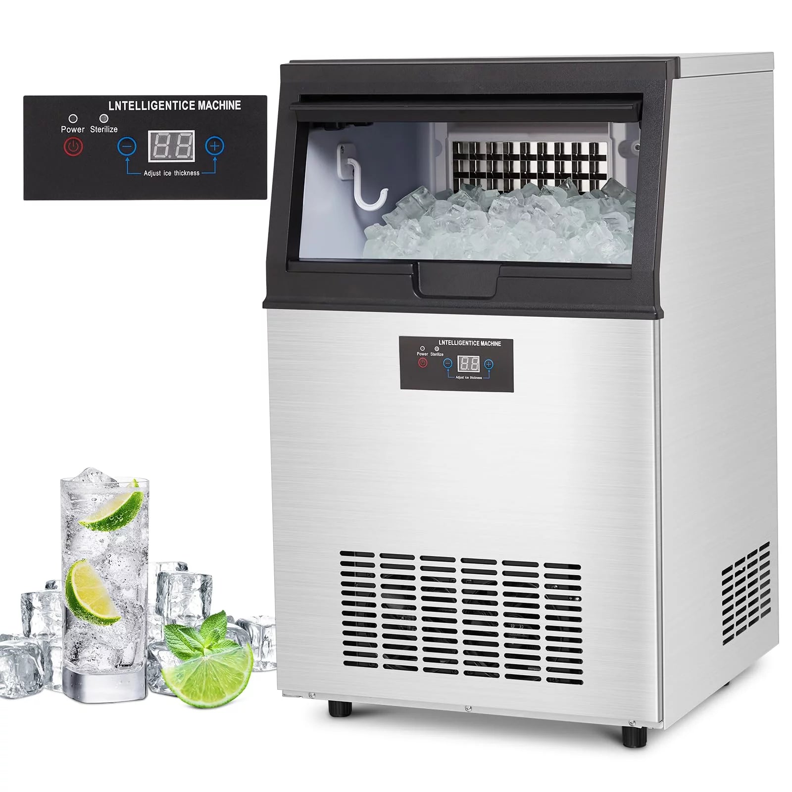 WhizMax Commercial Ice Maker Machine 110lbs/24H, Stainless Steel Under Counter ice Machine with 44lbs Ice Storage Capacity, Freestanding Ice Maker(5 * 8 Ice Cube)
